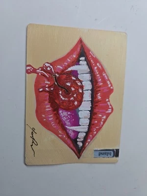 Hand-Painted MTG Island Alter – Pop Art Lips with Cherry – Unique Fan Art Card - Image 1 of 2