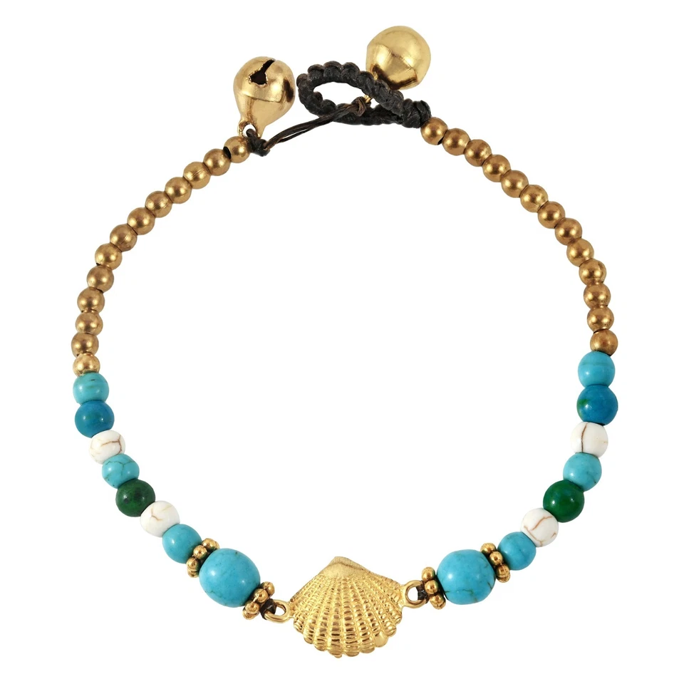 Blue Ocean Inspired Seashell Charm Turquoise and Brass Jingle Bell Bracelet Foto 1 de 1