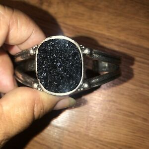 Lucky Brand Silver Tone Black Druzy Quartz Stone Cuff Bracelet