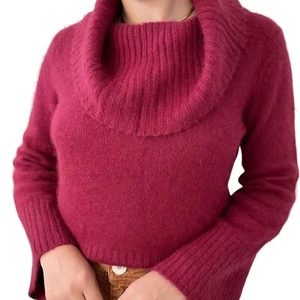 Vintage 1990s Womens Berry Red Angora Fluffy Sexy Soft Cowl Neck Sweater Sz M - Picture 1 of 11