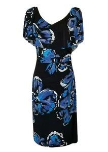 Lauren Ralph Lauren Dress Size 4 Black Blue Floral V-Neck Draped Ruffle Bodice - Picture 1 of 10
