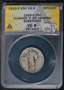 1929-s Standing Liberty 25c. In ANACS Holder Clashed "E"  Description Below h967 - Picture 1 of 2