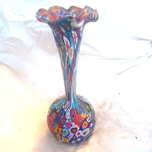 MILLIFIORI FLOWER Trumpet VASE 8" ART HAND BLOWN BUD GLASS - Picture 1 of 15