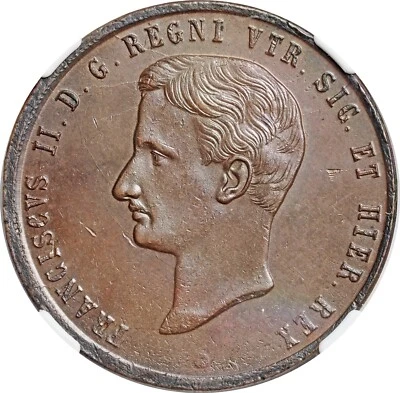 1859, Naples & Sicily, Francis II. Large Copper 10 Tornesi Coin. NGC MS-63 BN! - Image 1 of 3