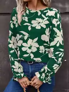 Size L US 8/10 Crew Neck Long Sleeve Floral Blouse Tie Back Green New - Picture 1 of 2