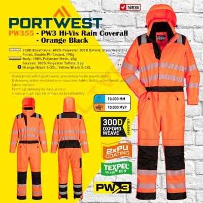 Portwest PW355 PW3 Hi-Vis Rain Coverall Waterproof Durable Boiler Suit - Orange - Image 1 of 4