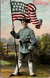Vtg 1908 US Soldier Holding Sword Flag Brooklyn Navy Yard NY Patriotic Postcard - Picture 1 of 2