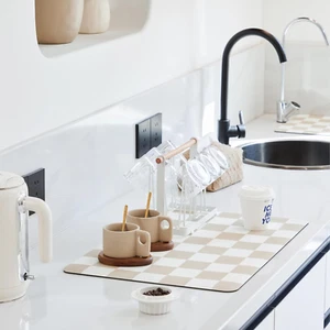 Checkered Dish Drying Mat for Kitchen Counter, Coffee Bar Station Accessories, R - Picture 1 of 12