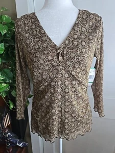 Camicetta donna Nine West twist davanti manica lunga marrone scollo a V scintillante nuova con etichetta - Foto 1 di 12