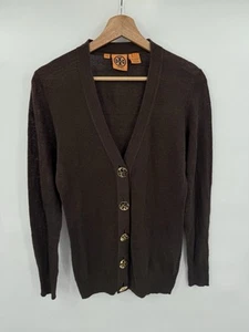 Tory Burch Simone Cardigan Brown Linen Blend Logo Button Size Small - Picture 1 of 5