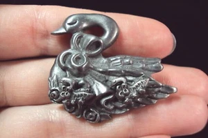Goose Swan with roses + 2 little cygnet babies pewter pin brooch + earrings set - Picture 1 of 4