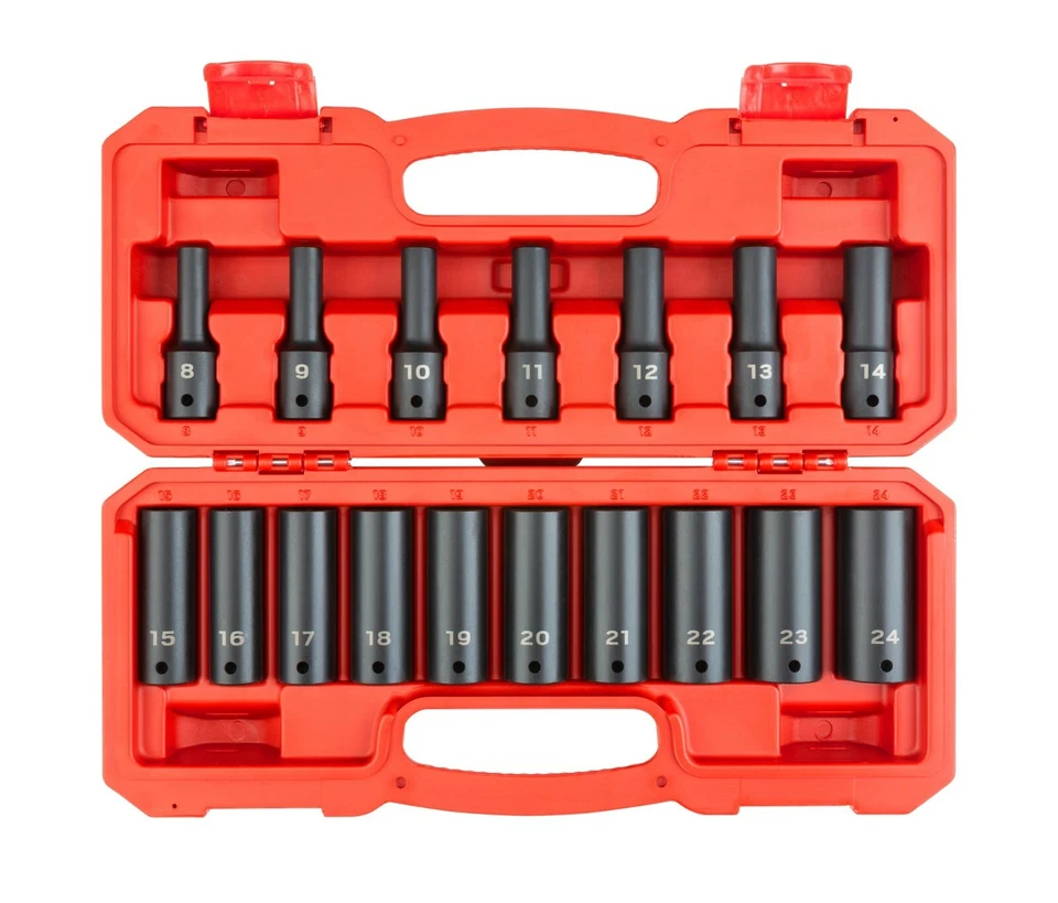 TEKTON 1/2 Inch Drive Deep 6-point Impact Socket Set 17-piece 8-24 Mm | SID92329