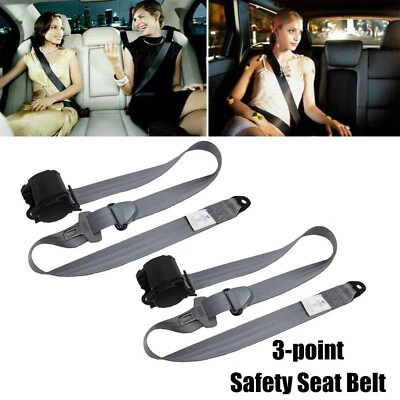 2Set Retractable 3 Point Safety Seat Belt Strap Car Vehicle Adjustable Belt Gray - Image 1 of 4