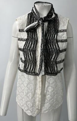 Oscar De La Renta PF12 Black/White Lace Button-Up Tie-Neck sleeveless top sz 14 - Image 1 of 4