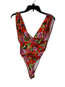 Zara Women's Top Bodysuit Deep V-Neck Tropical Floral Draped Orange Small NWT - Picture 1 of 11
