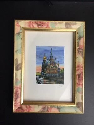 Pequeño marco Rusia acuarela impresión Iglesia del Salvador San Petersburgo firmado Foto 1 de 4