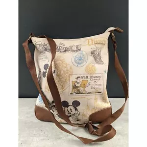 Disney Parks Vintage Style Mickey Mouse Crossbody Canvas Bag Brown Leather Trim - Picture 1 of 4
