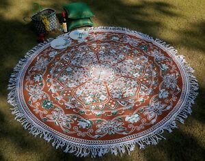 Indian Mandala Flower Tapestry Round Patio Picnic Table Beach Cover Brown 78"