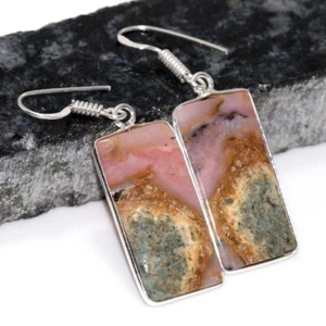 Peruvian Pink Opal 925 Silver Plated Gemstone Handmade Earrings 1.8" GW - Picture 1 of 3