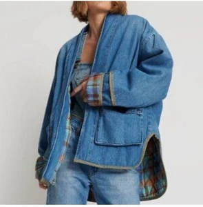 Free People Barn Chore Jacke Kimono Flanell Oversized Denim Large One Teelöffel - Bild 1 von 9