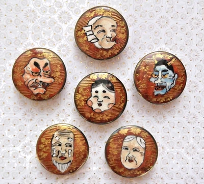RARE set 6 Vintage Japanese Satsuma Noh Mask buttons Red Gold Background - Image 1 of 4