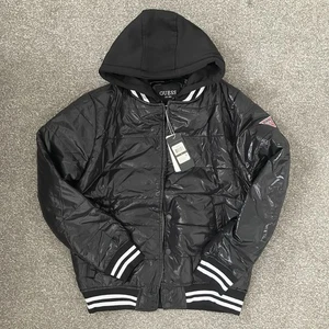 Men’s Black White Striped S Hooded Guess Bomber Jacket Hoody Coat Puffer - Picture 1 of 9
