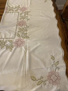 Embroidered Vintage Tablecloth, Measures 48”x48”, Cream, Green And Pink Colors - Picture 1 of 4