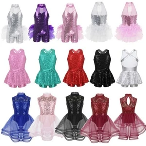 Kids Girls Jazz Modern Tap Dance Dress Shiny Sequin Leotard Skirt Dance Costumes - Picture 1 of 88