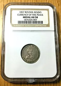 1857 Bolivia Moneda de paz Medalla NGC AU 58 Escudo casi sin circular medalla real - Imagen 1 de 2