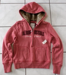 NWT Aeropostale Women's L Coral Sweatshirt 1/2 Zip Faux Fur Lined Hood - Picture 1 of 8
