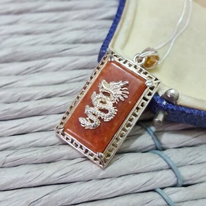 Vintage 925 Sterling Silver Necklace, Dragon Pendant, Red Jade Pendant - Picture 1 of 7