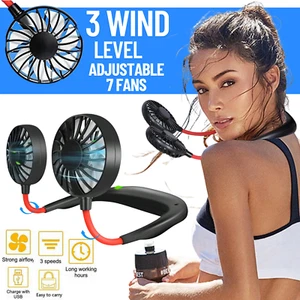 NECKBAND FAN 3SPEED LAZY NECK HANGING COOLER USB RECHARGEABLE PORTABLE FAN UK - Picture 1 of 8