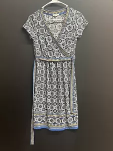 Max Studio Dress Womens XS Geometric Border Print Wrap Multi Blue White EUC - Picture 1 of 9