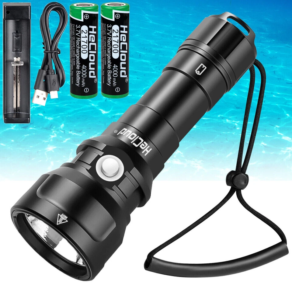 HECLOUD Scuba Diving LED Flashlight Waterproof Underwater 394ft Powerful Dive Torch Lamp