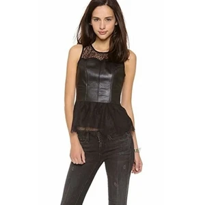 Patterson J. Kincaid Black Sleeveless Lamb Leather & Lace Peplum Top L - Picture 1 of 10