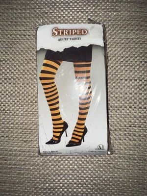 New Orange & Black STRIPED Women's Adult Tights One Size Halloween - Image 1 of 2