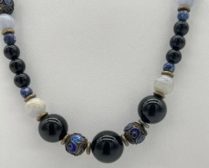 Vintage schwarzer Onyx & blau Cloisonné Perlen Halskette 30" Verschluss gestempelt Silber - Bild 1 von 8