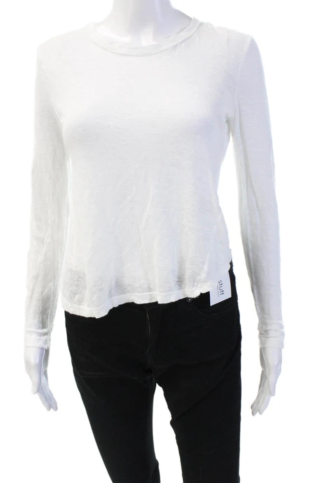 Camiseta de mujer ALC recortada 100 % lino cuello redondo manga larga talla XS Foto 1 de 4