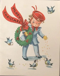 Biglietto di Natale Vintage Adorabile Bambino Tuta Cappello Rosso Corona Alimentazione Bluebirds - Foto 1 di 4