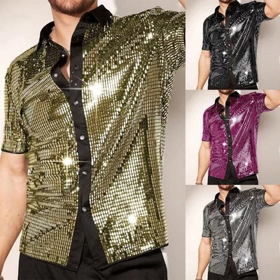 Men Vintage Disco Shirt Short Sleeve Sequin Button Down Shirt for Party - Image 1 of 4