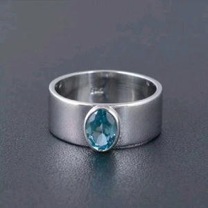 Anello con pietre preziose topazio blu, anello con pietre preziose sfaccettate, anello a fascia larga, sterling 925 si - Foto 1 di 8