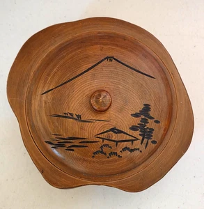 Vintage Japanese Round Hand Carved Wooden Jewelry Trinket Box w/Lid Japan 6.5" - Picture 1 of 8