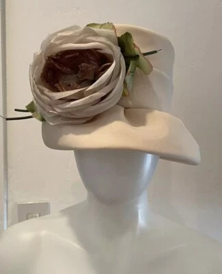 Vintage 50s 60s Beige Lampshade Hat Satin Large Rose Union Made (SEE SPOT - Image 1 of 4