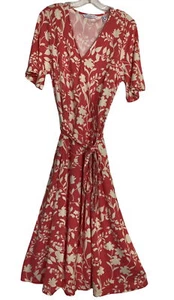 Isaac Mizrahi Live Orange White Floral Print Wrap Dress Small Boho Preppy Cute - Picture 1 of 9