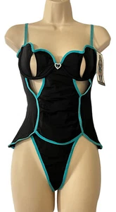 Popsi Lingerie Two Piece Black Teal Lingerie Set Size Med Corset Rhinestones Adj - Picture 1 of 9