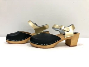 LOVE OF CLOGS Amelia 39 Black & Gold Ankle Strap Super Funki AU8 Silver Buckle - Picture 1 of 10