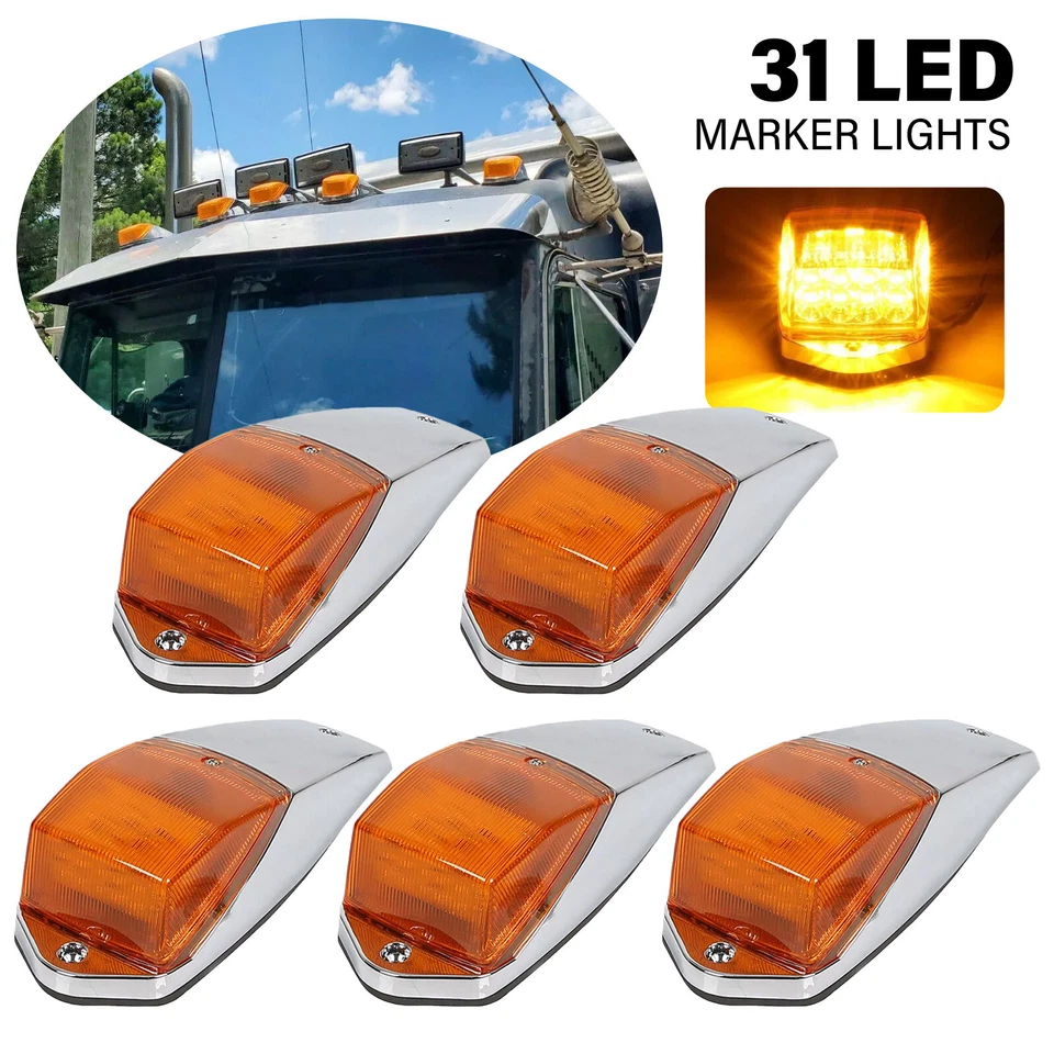 5 PCS 31LED Amber Marker Lights For Peterbilt Kenworth Freightliner Top Roof Cab Foto 1 de 4