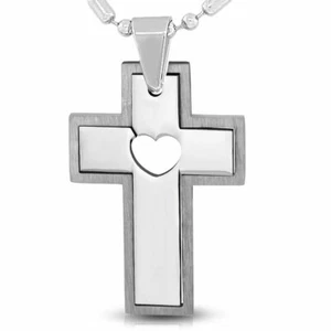 Collana con ciondolo cuore amore croce in acciaio inox, 23" - Foto 1 di 3