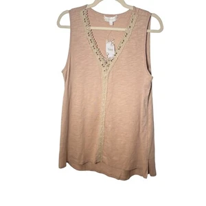 NWT Weekends Suzanne Betro L Beige Lace Trim Tassel V-Neck Tunic Sleeveless Top - Picture 1 of 7