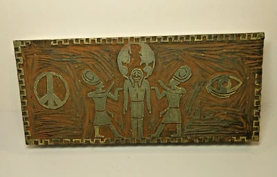 Antiguo bloque de madera de linóleo tallado a mano ARTE 9x4x1 Egipto Faraón Illuminati Paz Foto 1 de 3